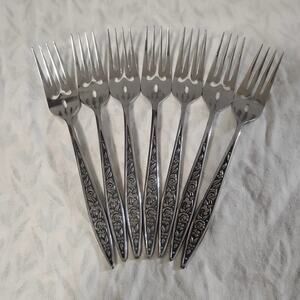 7 Ekco Eterna Santiago 6 7/8" Salad Forks Floral Custom Stainless Japan Black